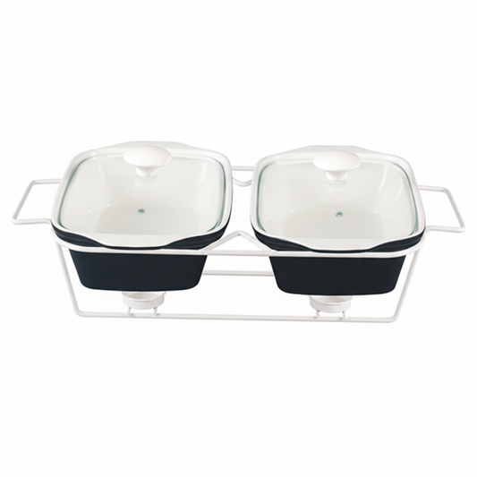 Brilliant Twin 11inch Rectangular Casserole Serving Dish with Stand & Glass Lid