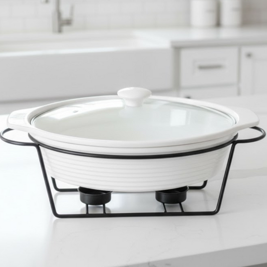 Brilliant Oval 15inch Casserole Serving Dish with Glass Lid & Candle Stand