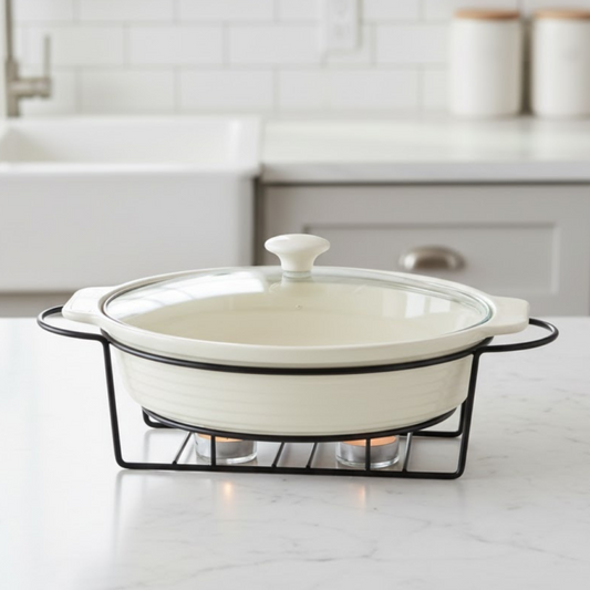 Brilliant Round 12inch Serving Casserole Dish Food Warmer with Candle Stand & Glass Lid
