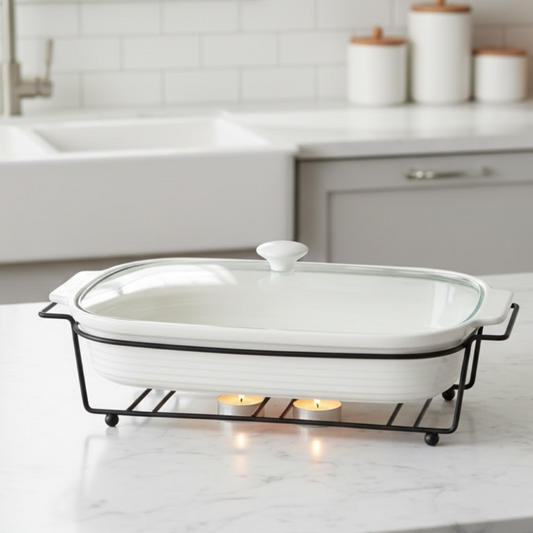 Brilliant Rectangular 16inch Casserole Serving Dish with Glass Lid & Candle Stand