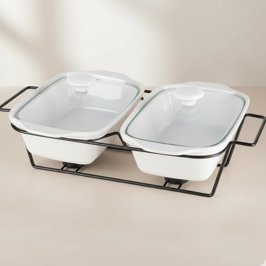 Brilliant 12inch Twin Rectangular Casserole Dish with Candle Stand & Glass Lid