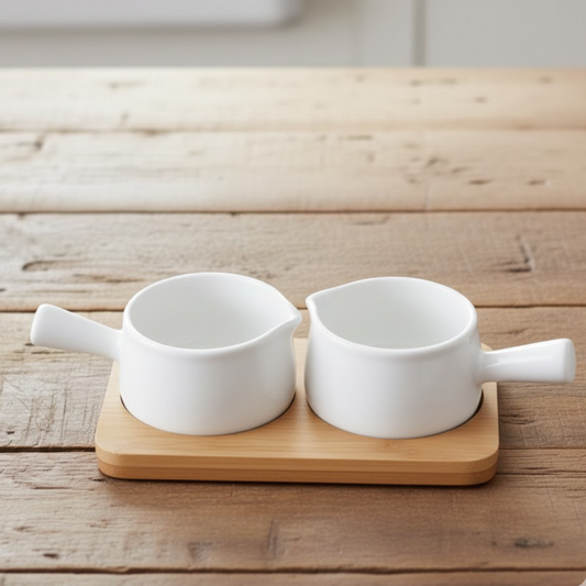 Brilliant 4.5inch Ceramic Sauce Bowls with Bamboo Tray