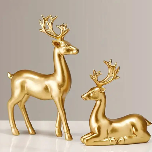 Golden Deer Figurine Set 2Piece Decorative Sculpture