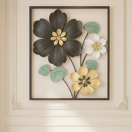 Luxury 3D Metal Flower Wall Art Black, Gold & White Blooms
