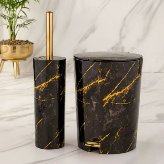 Limon Marble Print Dustbin and Brush Set