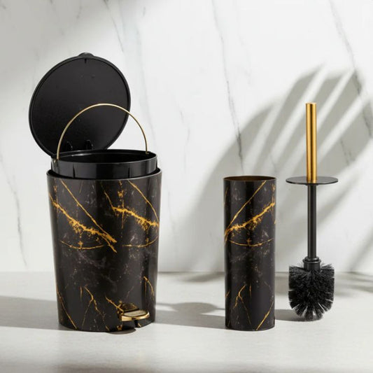 Limon Marble Print Dustbin and Brush Set