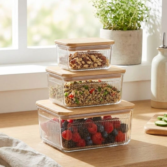 Limon Robust 3 Piece Glass Container Set With Wooden Lid