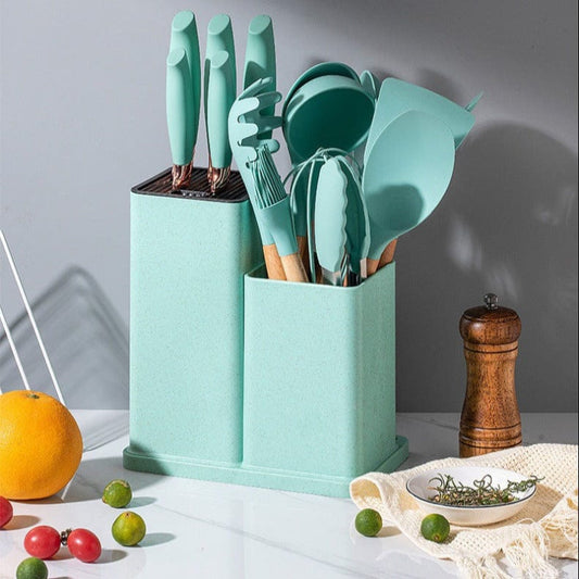 19 Pcs Kitchen Cooking Utensils & Knife Set with Block Holder