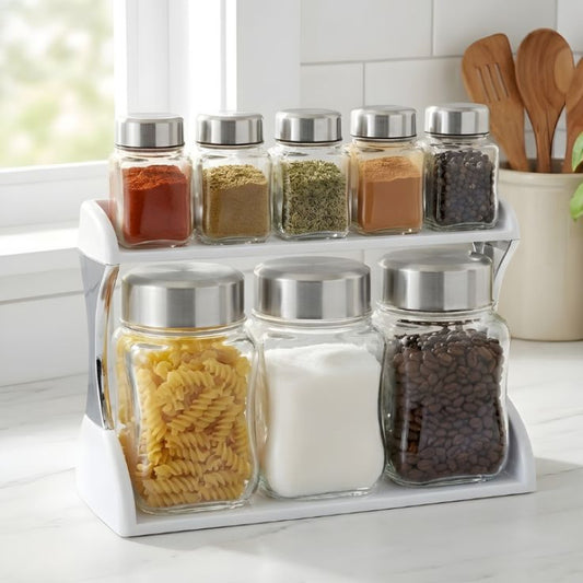 Ziba Glass Spice Jars Set Seven Pieces With Steel Lid