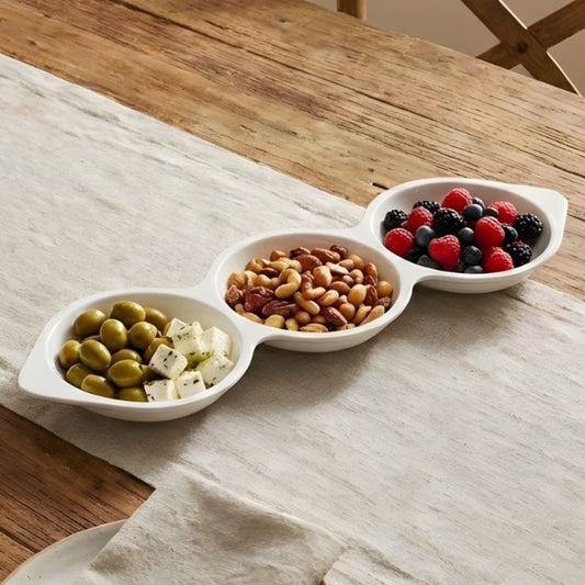 3 Section Melamine White Appetizer Platter For Serving Snacks and Dips
