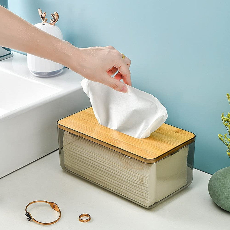 Acrylic Tissue Box with Wooden Top – Stylish Home Organizer – Homazing