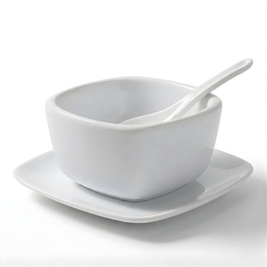 Trifle White Bowl With Saucer And Spoon For Serving Soups