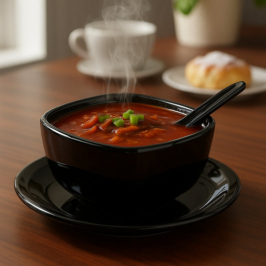 Trifle Black Bowl With Saucer And Spoon For Serving Soups