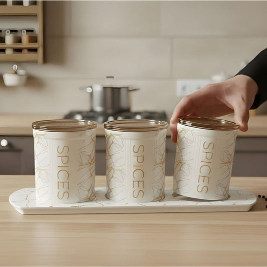 Ceramic 3 Piece Kitchen Spice Set with Tray Super Airtight