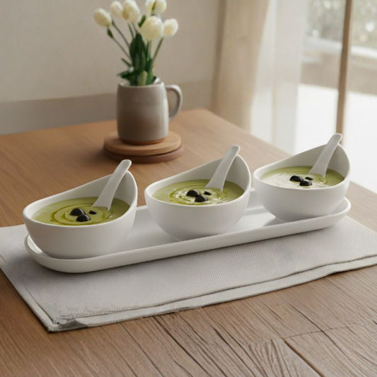 Melamine 7 PCS White Serving Set OF Bowls And Soup Spoons With Tray