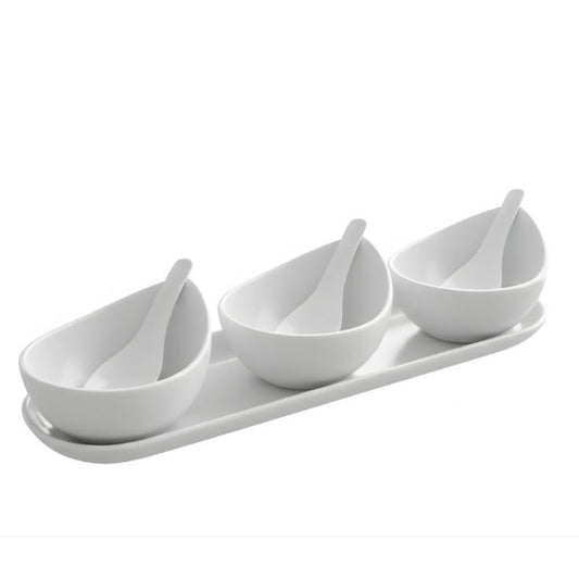 Melamine 7 PCS White Serving Set OF Bowls And Soup Spoons With Tray