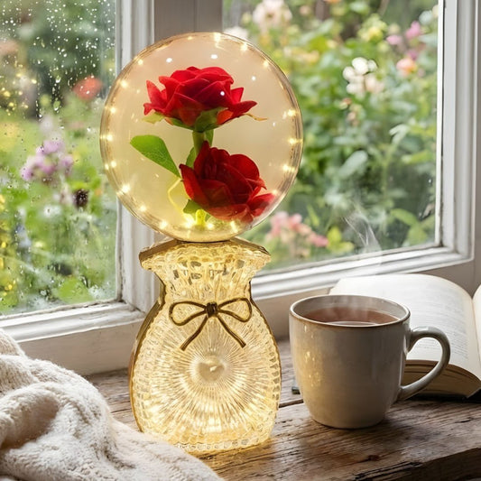 LED Artificial Rose Globe Lamp With Bow Crystal Base Night Light