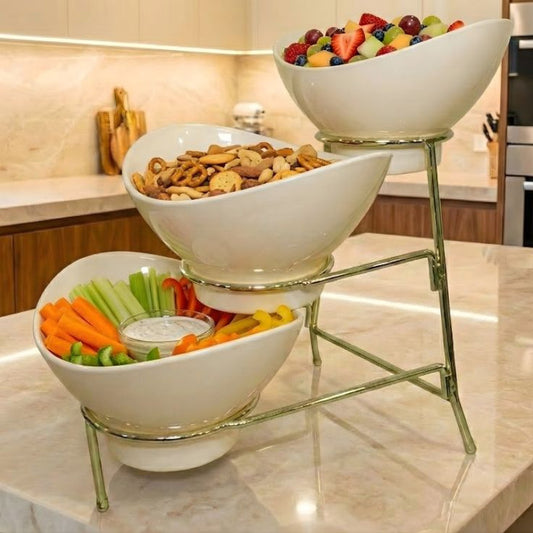 Melamine 2 Medium And 1 Small Cream Lotus Bowls With Golden Stand