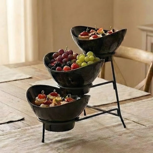 Melamine 2 Medium And 1 Small Black Lotus Bowls With Black Stand