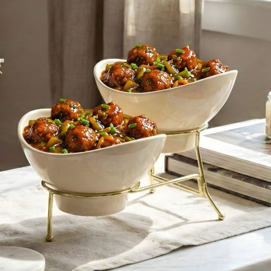 Melamine 2 Small Cream Lotus Bowls With Golden Stand