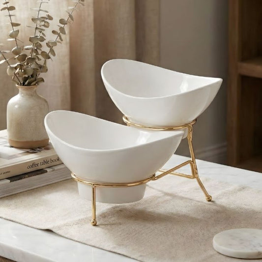 Melamine 1 Medium And 1 Small White Lotus Bowls With Golden Stand