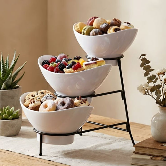 Melamine 2 Medium And 1 Small White Lotus Bowls With Black Stand