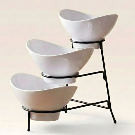 Melamine 2 Medium And 1 Small White Lotus Bowls With Black Stand