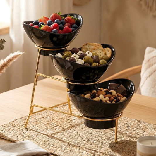 Melamine 2 Medium And 1 Small Black Lotus Bowls With Golden Stand