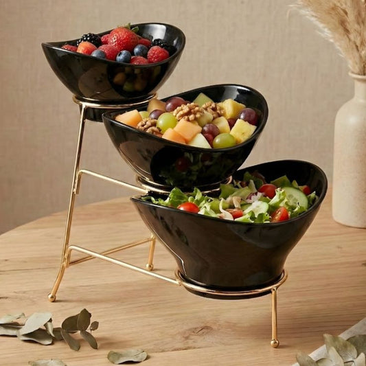 Melamine 1 Large, 1 Medium, And 1 Small Black Lotus Bowls With Golden Stand