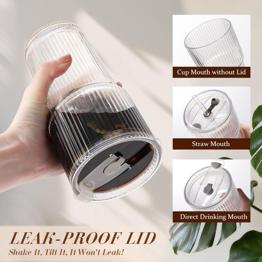 Ribbed Glass Tumbler with Lid & Straw Stylish Drinking Cup