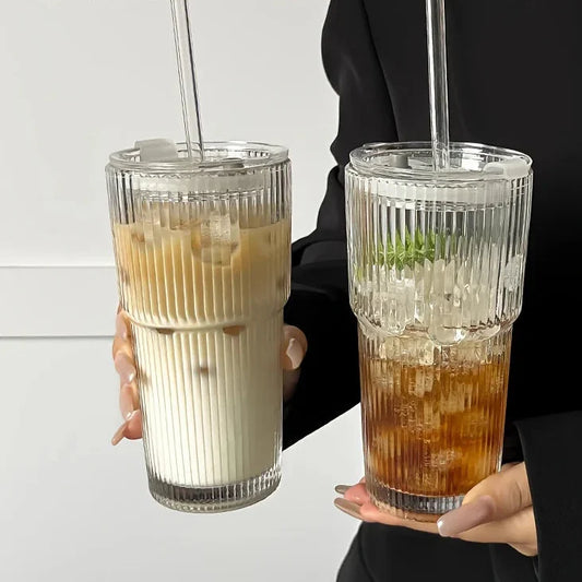 Ribbed Glass Tumbler with Lid & Straw Stylish Drinking Cup