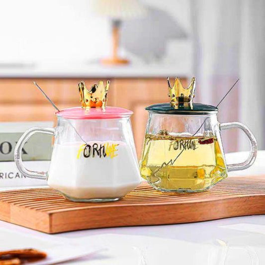Glass Mug with Crown Lid Premium Drinking Cup