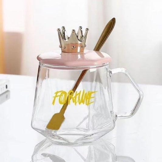 Glass Mug with Crown Lid Premium Drinking Cup