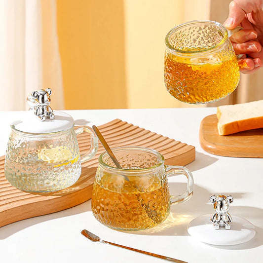 Cute Bunny Textured Glass Mug Premium Cup with Stirring Spoon