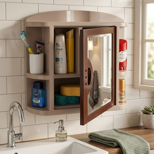 Plastic Washroom Cabinet with Attached Mirror Bathroom Storage Organizer