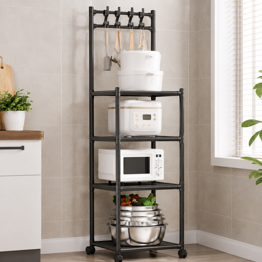 4 Layer Kitchen Storage Rack with Pulleys & Hooks Multipurpose Organizer