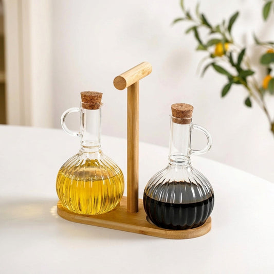 Glass Oil & Vinegar Dispenser Set with Bamboo Stand