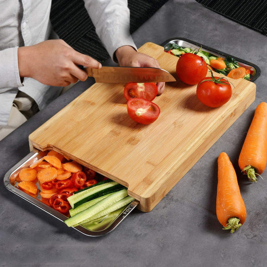 Bamboo Cutting Board with Removable Stainless Steel Trays
