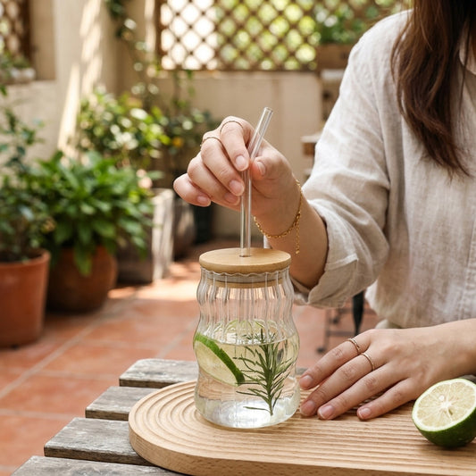 Ripple 400MLGlass Tumbler with Wooden Lid & Straw