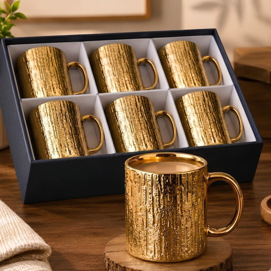 6 Piece Luxury Textured Golden Mug Set Big Size