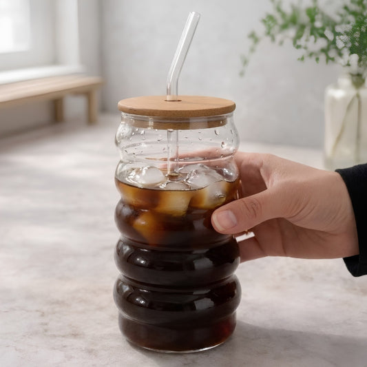 500ml Spiral Shaped Glass Tumbler With Wooden Lid And Straw