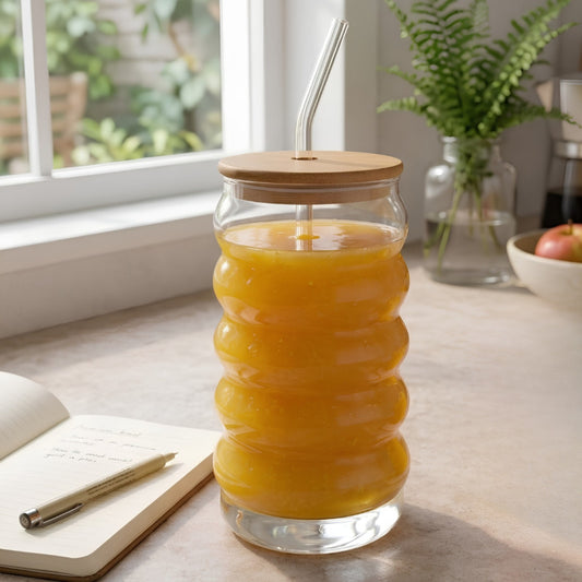 500ml Spiral Shaped Glass Tumbler With Wooden Lid And Straw