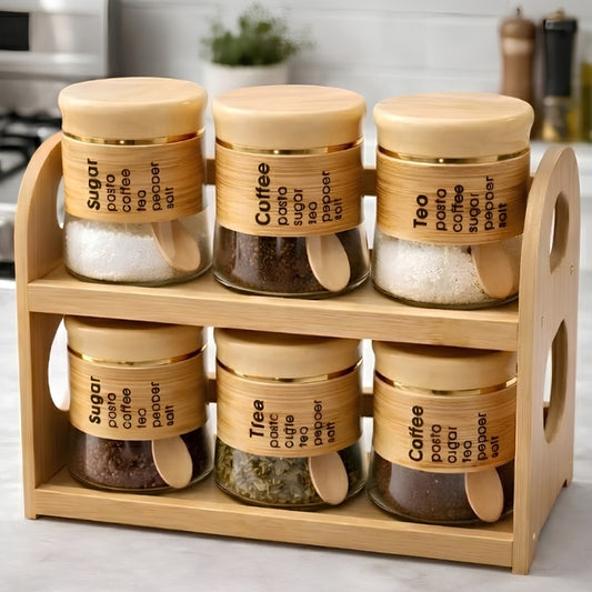 6 Piece Glass Jar Set With Wooden Stand
