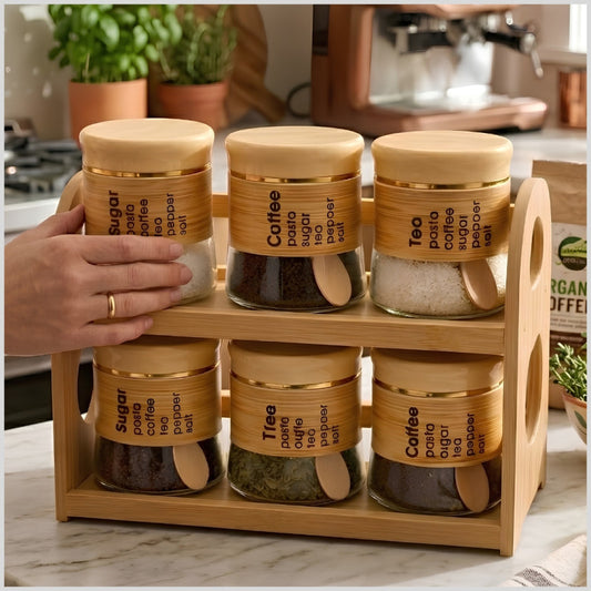 6 Piece Glass Jar Set With Wooden Stand