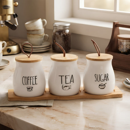 Ceramic Tea Coffee Sugar Jars Set With Wooden Tray
