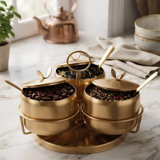 Golden Stainless Steel Spice Jar Set With Rotatable Rack