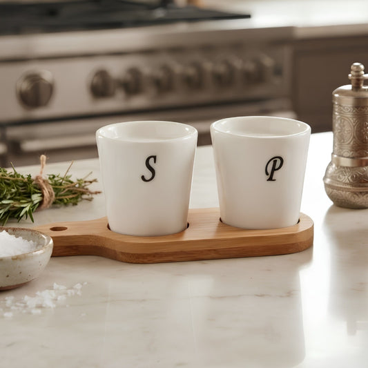 Luxury Ceramic Salt & Pepper Set With Bamboo Stand