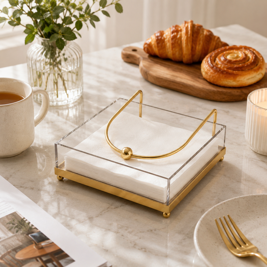 Acrylic Napkin Holder With Golden Metal Stand