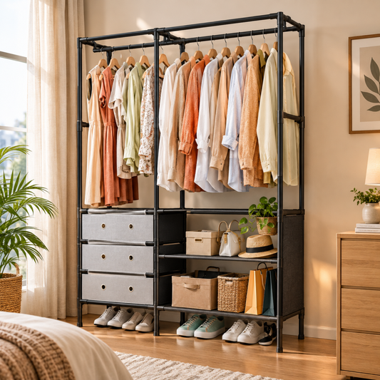 Multi Tier Clothing Rack with Drawers and Shoe Storage Organizer for Home and Bedroom