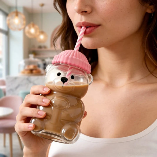 Cute 470ml Bear Shaped Glass Sipper with Silicone Cap